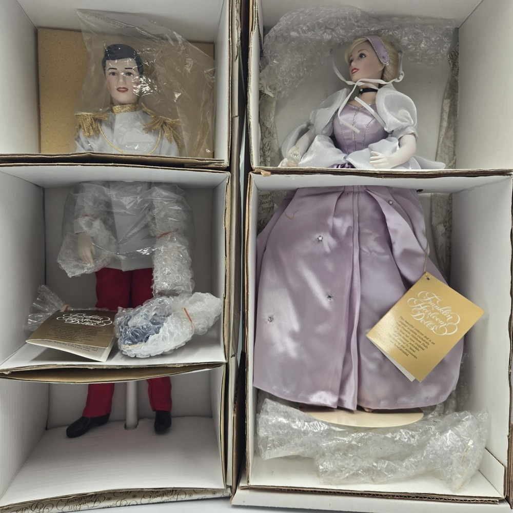 2 Vtg New NIB Franklin Mint Heirloom Dolls Disney Prince Charming Cinderella Set